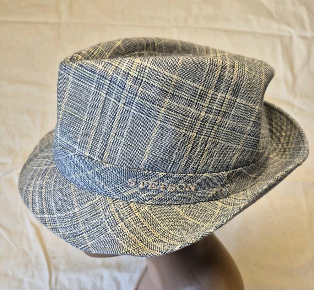 Stetson Fedora Hat Trilby Fitted Mens Large Check Wool Linen Lined STC17-NAVY